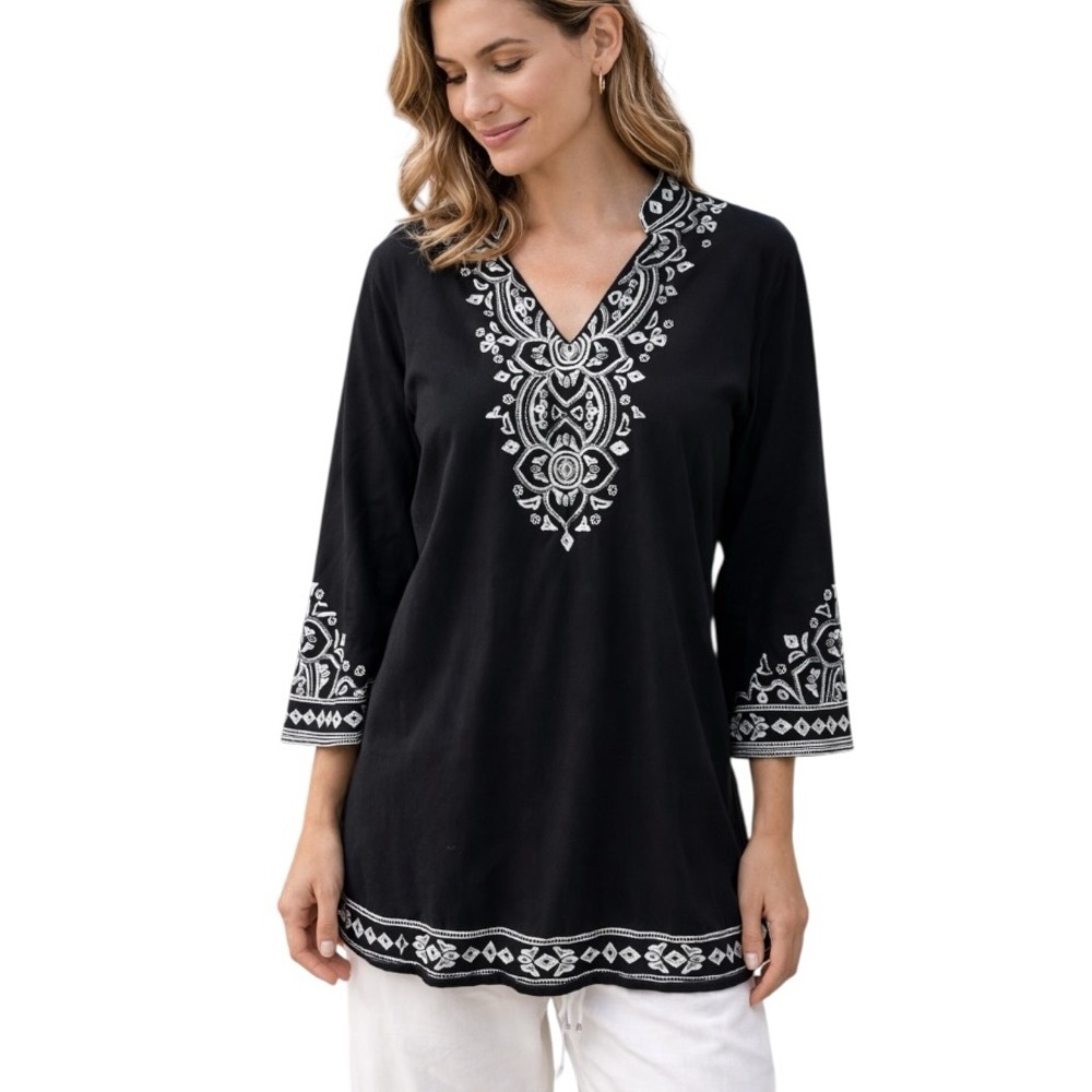 NorthStyle Large Black White Embroidered Long Sleeve Tunic Ethnic Modest